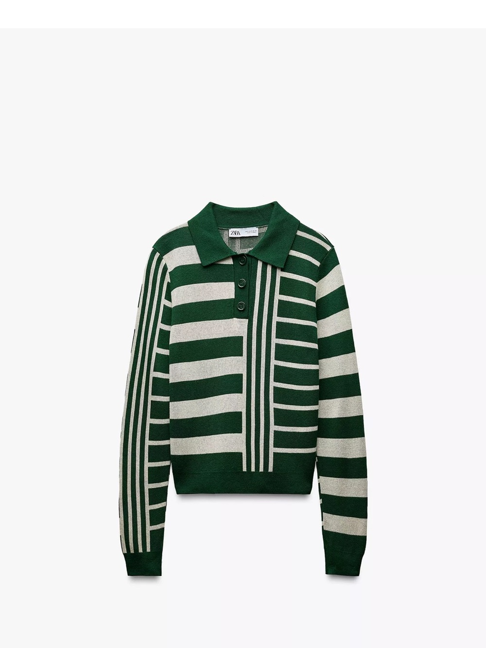 Zara Green and Cream Striped Crewneck Polo Sweater